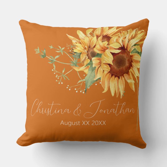 Coussin Fleurs de soleil d'aquarelle sur orange brûlé (Recto)