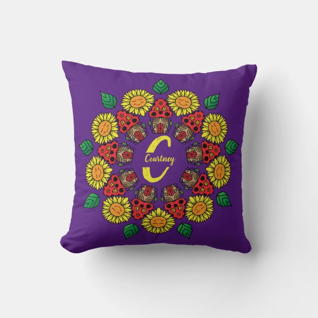 Coussin Fleurs de soleil et champignons Mandala Purple per (Recto)