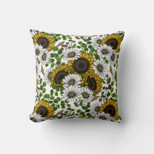 Coussin Fleurs de soleil et marguerites, jardin d'été 3