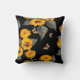 Coussin Fleurs de soleil et papillons : Aquarelle Noir Bac