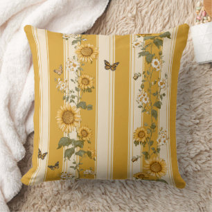 Coussin Fleurs de soleil et papillons sur bandes jaunes (2