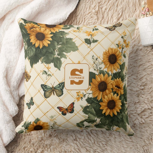 Coussin Fleurs de soleil et papillons sur Jaune clair (Couverture)