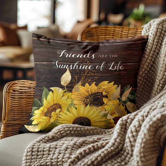 Coussin Fleurs de soleil Jaune Rustique Bois Amis Soleil (Sunflowers and rustic wood "Friends are the sunshine of life." pillow)