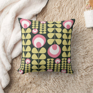 Coussin Fleurs de style mi-moderne vert foncé, rose, jaune