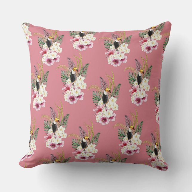 COUSSIN FLEURS DE TROPICAL HIBISCUS ROSE ET BLANC (Recto)