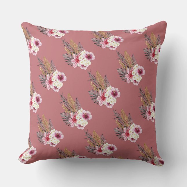 COUSSIN FLEURS DE TROPICAL HIBISCUS ROSE ET BLANC (Recto)