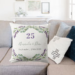 Coussin Fleurs de violet de lavande mariage anniversaire<br><div class="desc">Arrière - plan blanc,  violet,  texte vert et noir. Décorée de fleurs de lavande et de verdure d'eucalyptus. Personnalisez et ajoutez vos noms et la date mariage ou anniversaire.</div>