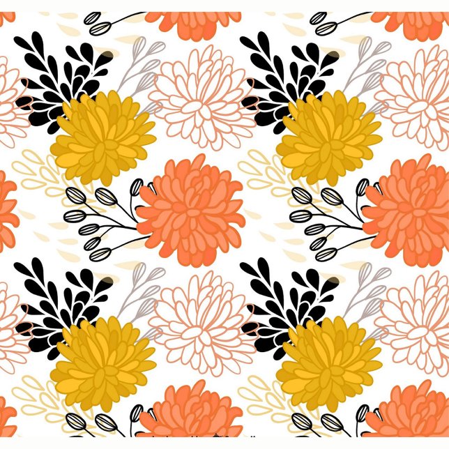 Coussin Fleurs décoratives (Seamless pattern with flowers, black leaves and branches on a white background. )