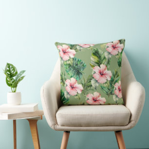 Coussin Fleurs d'Hibiscus Feuilles verts, rose-bleu