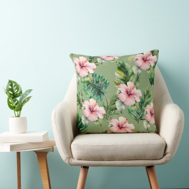 Coussin Fleurs d'Hibiscus Feuilles verts, rose-bleu (Chaise)
