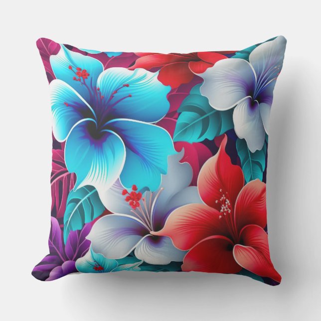 Coussin Fleurs D'Hibiscus Rouge Et Bleu (Recto)