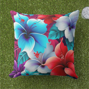 Coussin Fleurs d'Hibiscus Rouge et Bleu Tropical