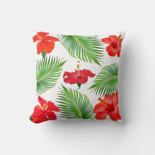 Coussin Fleurs d'Hibiscus rouge et Feuilles de palmiers su