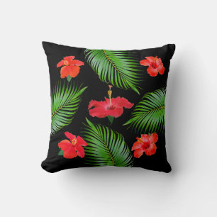 Coussin Fleurs d'Hibiscus Rouge & Feuilles de Palmier sur 