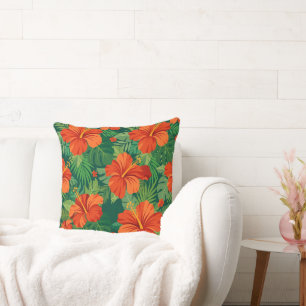 Coussin Fleurs d'Hibiscus Rouge Orange Vert Feuillage de l