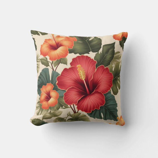 Coussin Fleurs d'Hibiscus Tropiques Rétro (Recto)