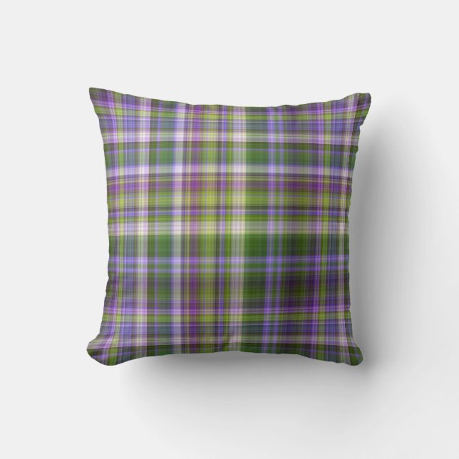 Coussin Fleurs d'Iris violettes et vertes à carreaux (Recto)