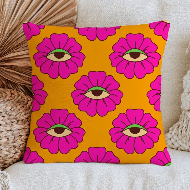 Coussin Fleurs d'œil maléfique rose fuchsia sur orange brû (Créateur téléchargé)