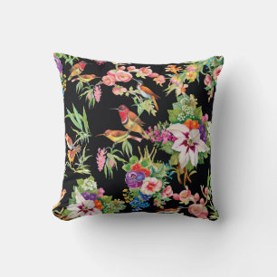 Coussin Fleurs d'oiseaux sauvages : Noir Vintage