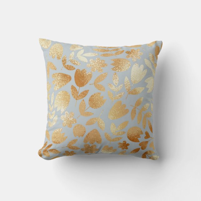 Coussin Fleurs d'or, arrière - plan bleu, imitation feuill (Recto)