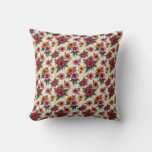 Coussin Fleurs d'or rouge rose sur bandes tan