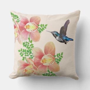 Coussin Fleurs d'orchidées roses et colibri en ivoire