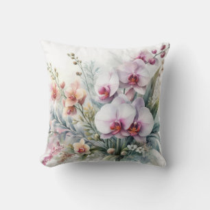 Coussin Fleurs d'orchidées tropicales aquarelle pastel