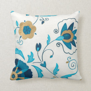Coussin Fleurs dorées d'indigo avec l'arrière - plan bla