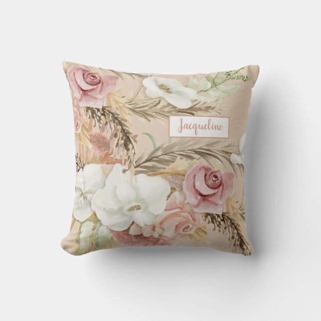 Coussin Fleurs Elégante Pampas Rose Rose Aquarelle (Recto)