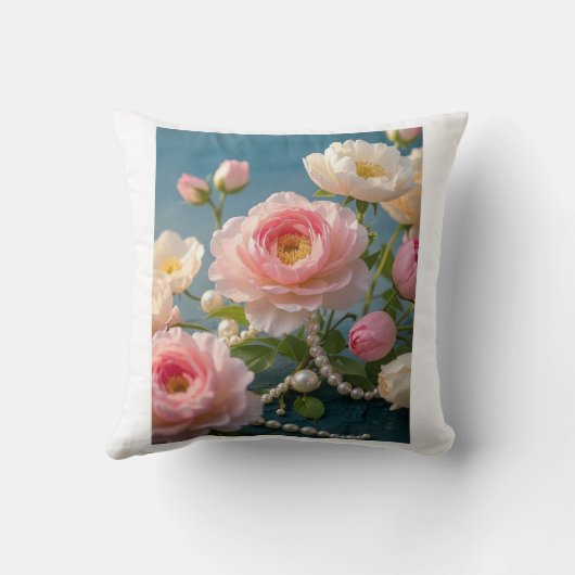Coussin Fleurs élégantes rose clair blush avec perles  (Verso)