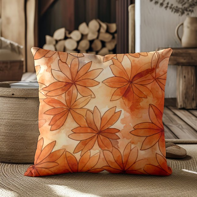 Coussin Fleurs en terre cuite Tons chauds de la terre  (Burnt orange and neutral cream-colored decorator pillow)