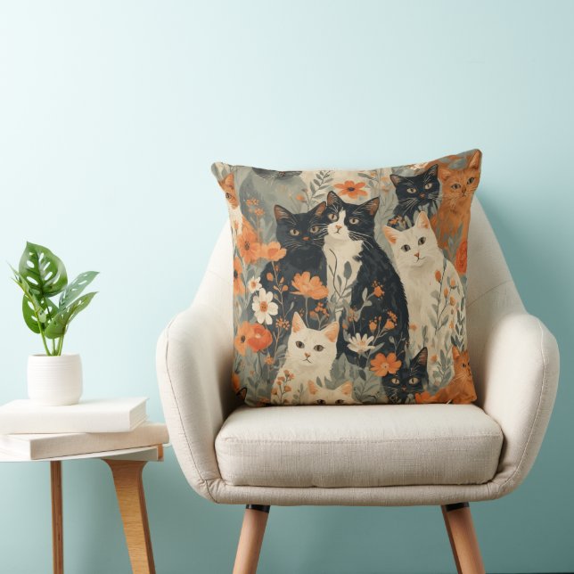 Coussin Fleurs et Chats Vintage (Chaise)