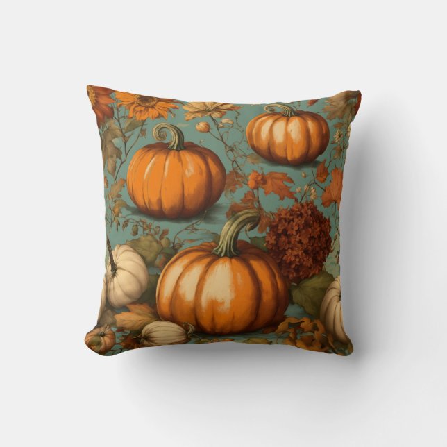 Coussin "Fleurs et Citrouilles Vintages d'automne - (Recto)