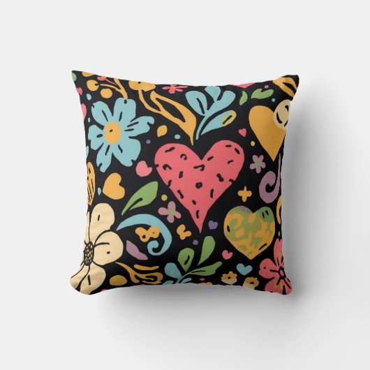 Coussin Fleurs et cœurs rétro groovy hippie (Recto)