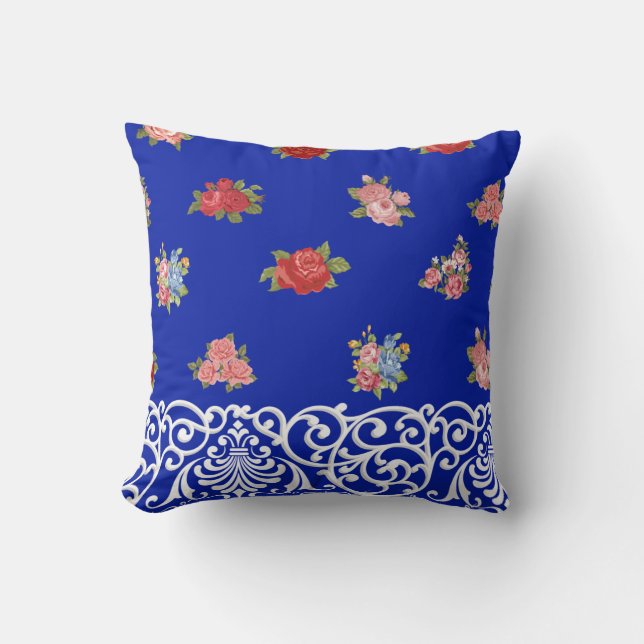 Coussin Fleurs et dentelles sur bandes Bleues, Tan & White (Recto)