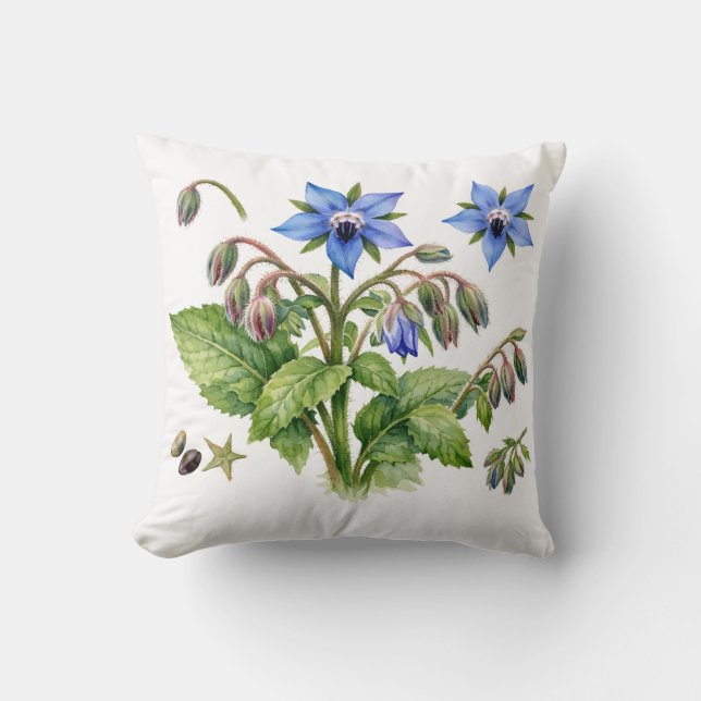 Coussin Fleurs et feuilles de bourrache à l'aquarelle  (Recto)