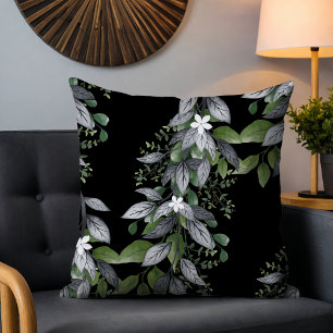 Coussin Fleurs et Feuilles Suspendues Fantaisistes Noir