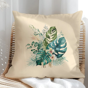 Coussin Fleurs et feuilles tropicales boho d'été