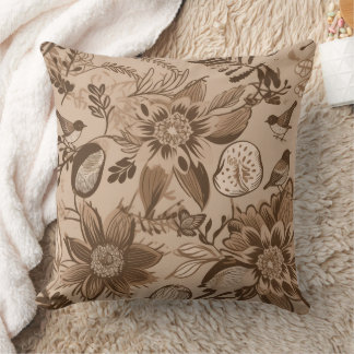 Coussin Fleurs et oiseaux brunâtres