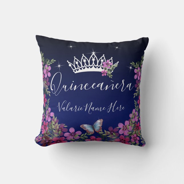 Coussin Fleurs et papillon Quinceanera bleu (Recto)