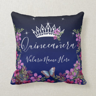 Coussin Fleurs et papillon Quinceanera bleu