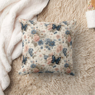 Coussin Fleurs et papillon roses et bleus de printemps vin