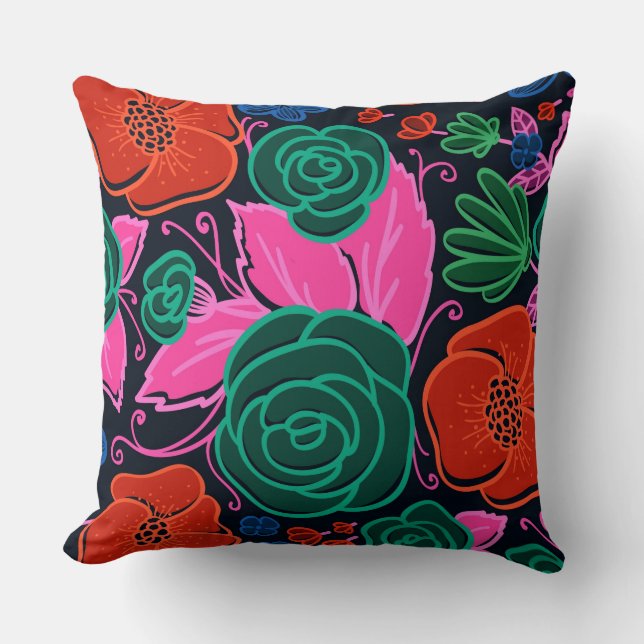 Coussin Fleurs et Roses colorés - Vert rose et noir (Recto)