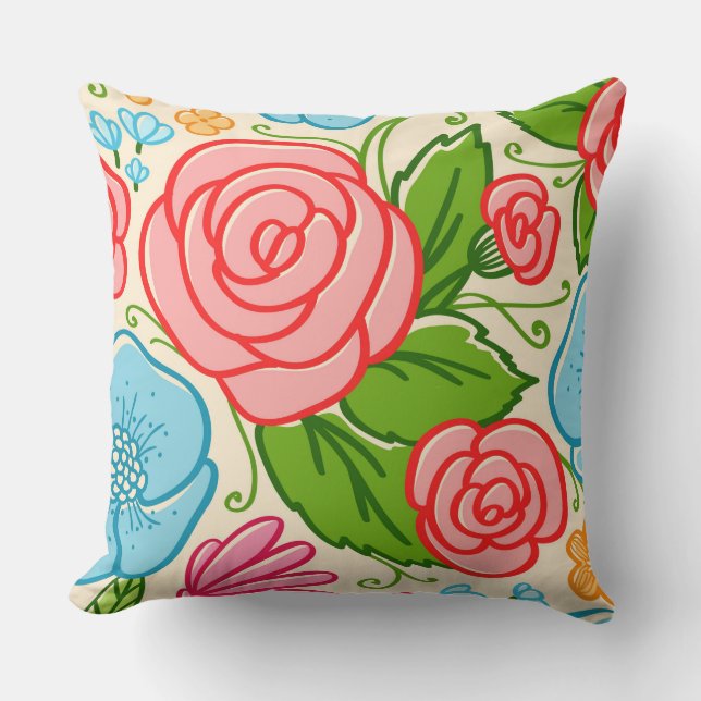 Coussin Fleurs et Roses pastel - Bleu rose et beige 3 (Recto)