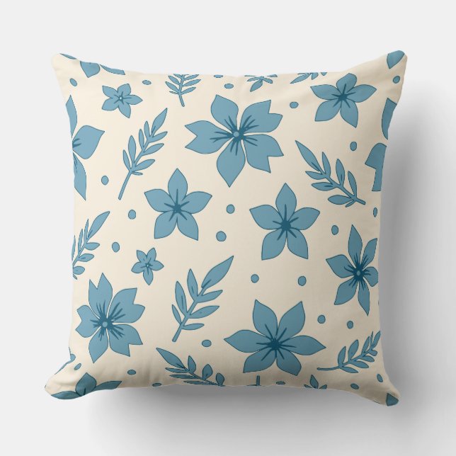 Coussin Fleurs Étoiles Et Crème Bleue Feuille (Recto)