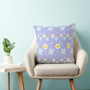 Coussin Fleurs Faisées Pastel Bleu Blanc Sur Lavande