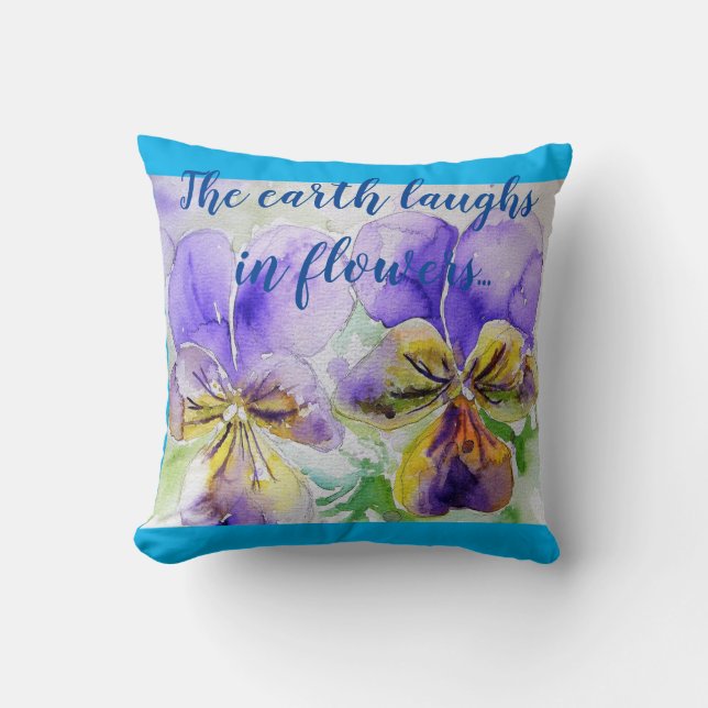 Coussin Fleurs floral Turquoise Bleu pansé pavot Cushion (Recto)