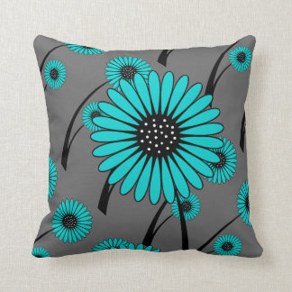 Coussin Fleurs Florales Bleu Gris Sarcelle Noir