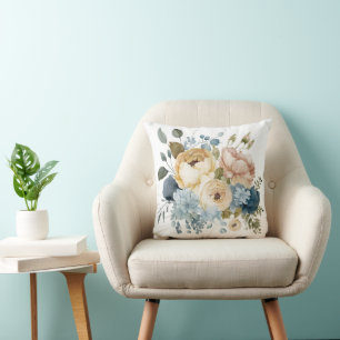 Coussin Fleurs Florales Bleu Rose Blanc Aquarelle