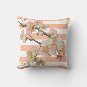 Coussin Fleurs florales doux orange pêche bandes blanches